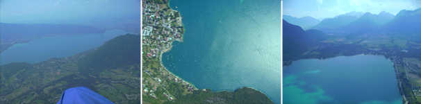 à droite, Annecy -------------> dessous, Talloires ———–> à gauche, Doussard » align= »center » /></p>
<p>Soit la transition se termine haut et bien avancé sur le Roc des Beufs, ce qui devrait être le cas vue l’altitude de départ et là, on peut enrouler le premier thermique nécessaire pour être à une hauteur confortable au dessus du relief afin d’avancer sur celui-ci sans problème.<br />
Soit on arrive au début de la crête au dessus des bois et là, on fait des 8 pour monter grâce à la brise du lac qui vient d’Annecy, tout en avançant jusqu’à la première ligne haute tension où on enroule en général le premier bon thermique (c’est fou ce que les thermiques aiment se mettre sur les lignes électriques). En partant de la hauteur des Dents, c’est là qu’on arrive, il n’y a que 7,5 de finesse.</p>
<p><img decoding=